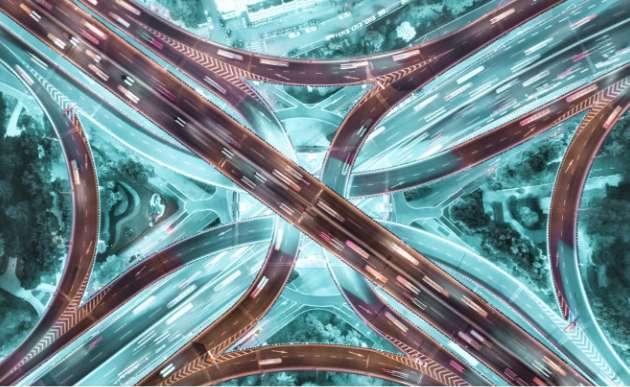 Aerial view of intersection overpass